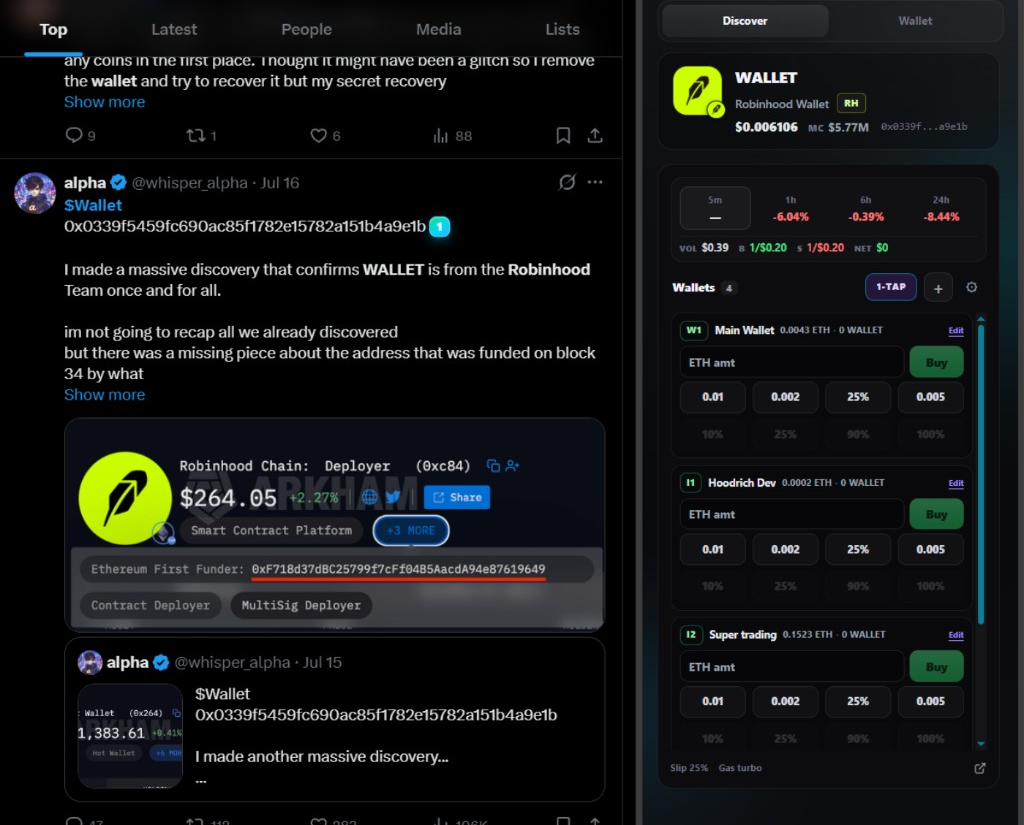 Scout Wallet side panel detecting and trading a token found on X